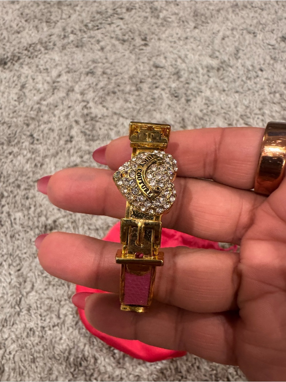 Juicy Couture Gold Crystal Heart Bracelet with Pink Leather Inlay